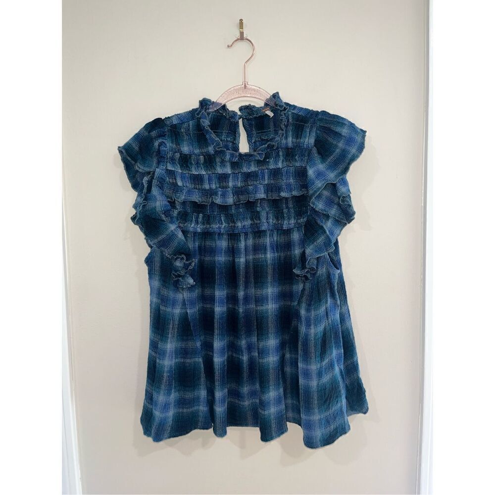 Free People Not Your Average Girl navy Ruffle Plaid Shoulder Top Small